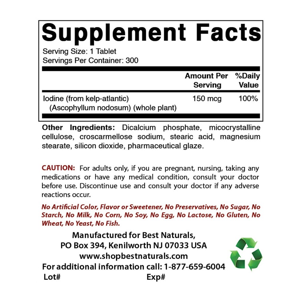 Best Naturals Kelp 150 mcg 300 Tablets *Healthy Thyroid Function*