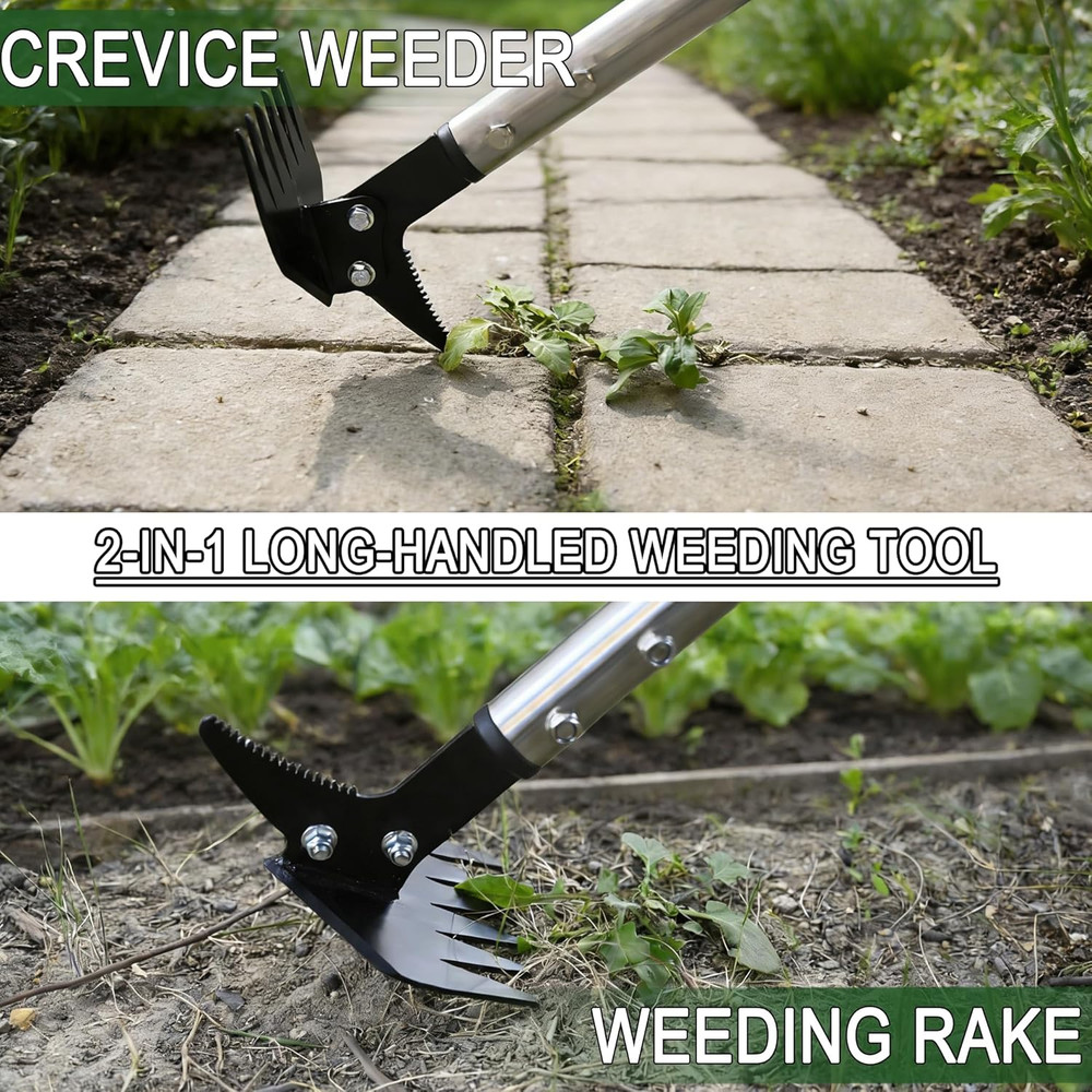 Weed Puller 61" Adjustable Long Handle, 2-In-1 Weed Rake & Crack Weeder with Det