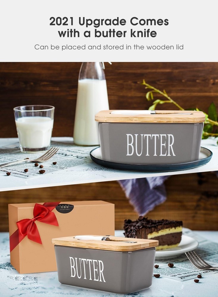 Chic Butter Dish with Lid & Knife Groove - Ceramic Kitchen Essential in Grey