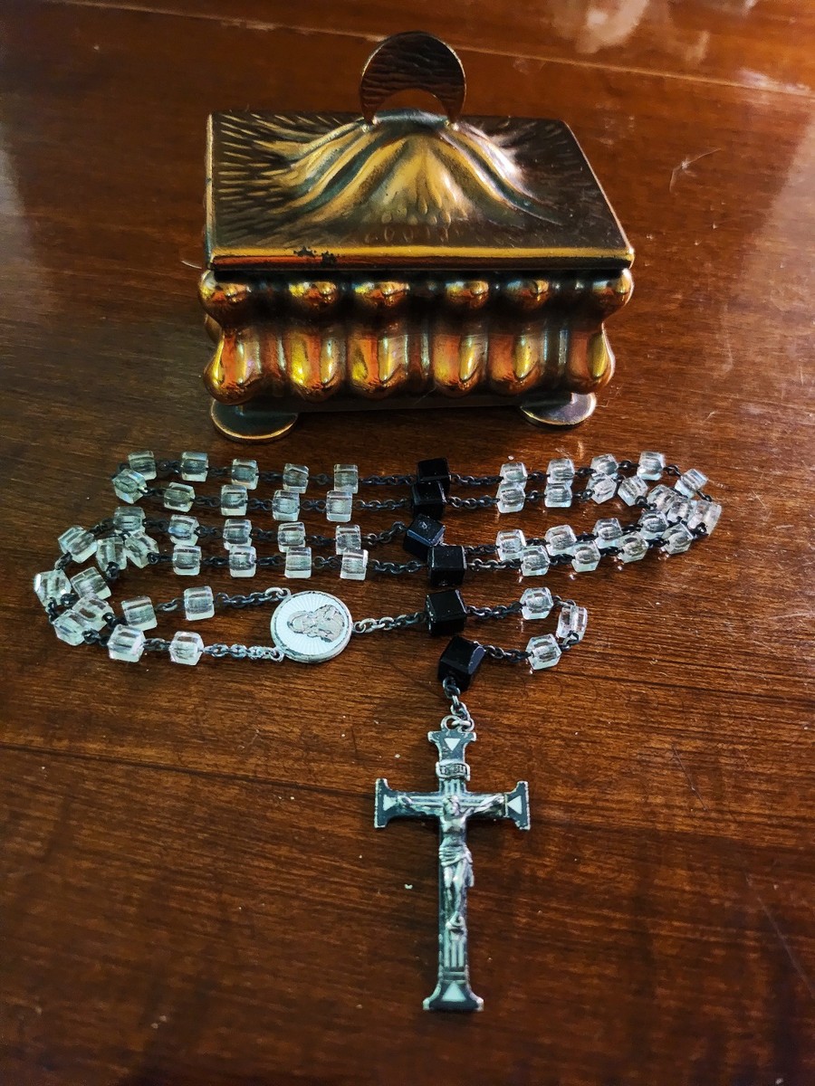 Antique Swift & Fisher Sterling Silver White Enamel Rosary & Vtg Art Nouveau Box