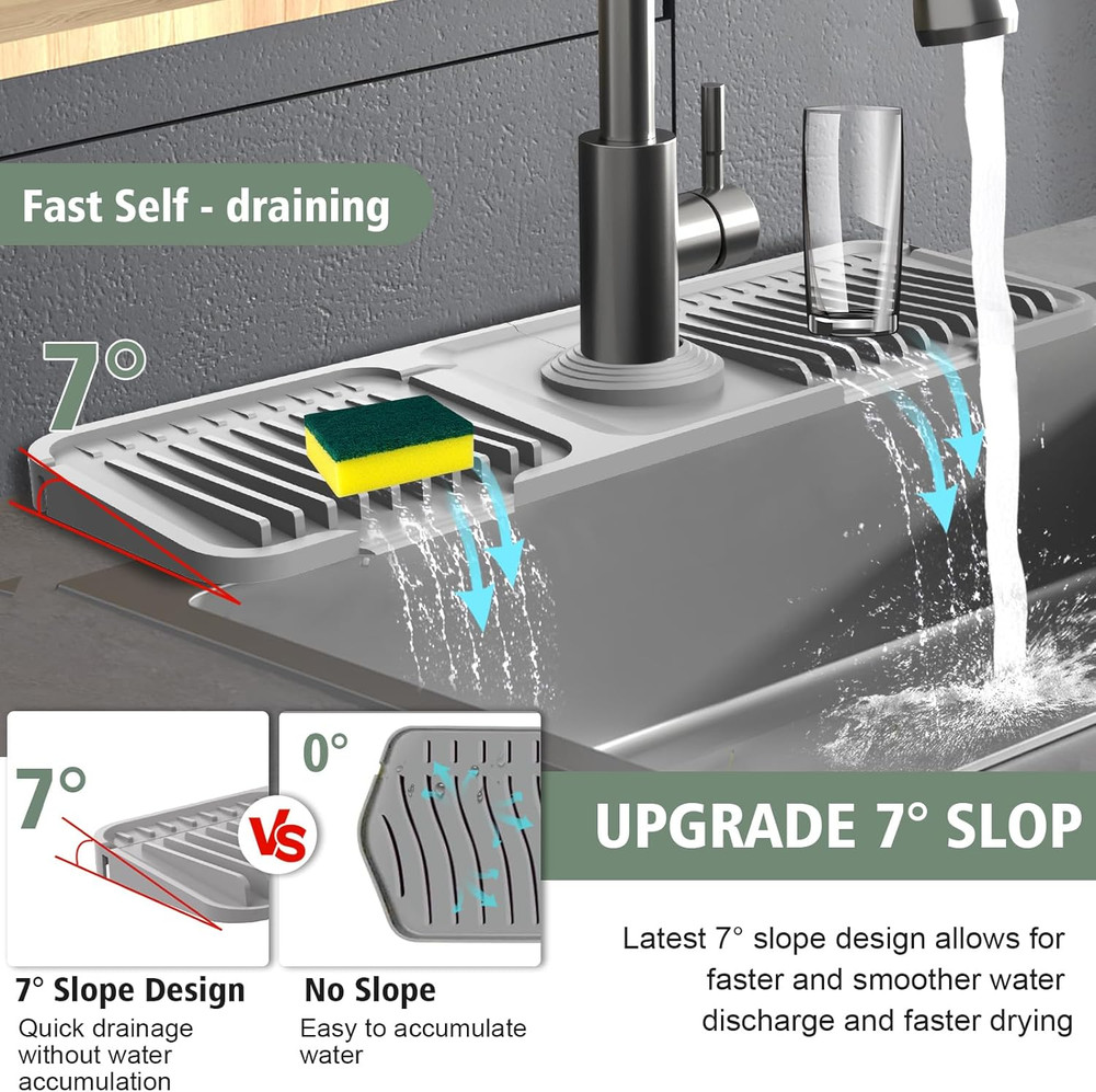 17.7-Inch Kitchen Sink Splash Guard Mat | 7° Slope for Fast Self-Draining | Snap