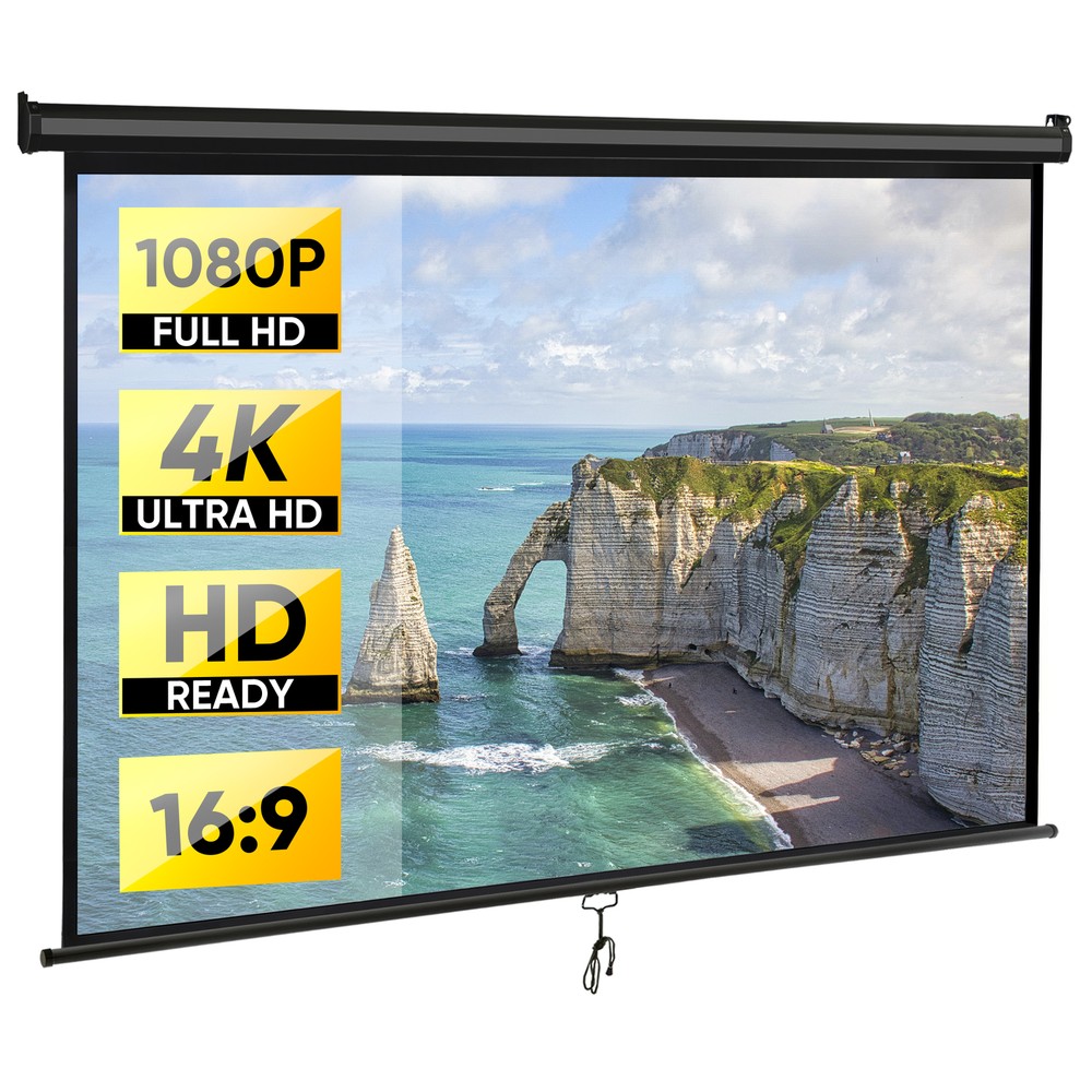80" Projection Screen Manual Pull Down 16:9 HD Projector Movie Screen Home Black