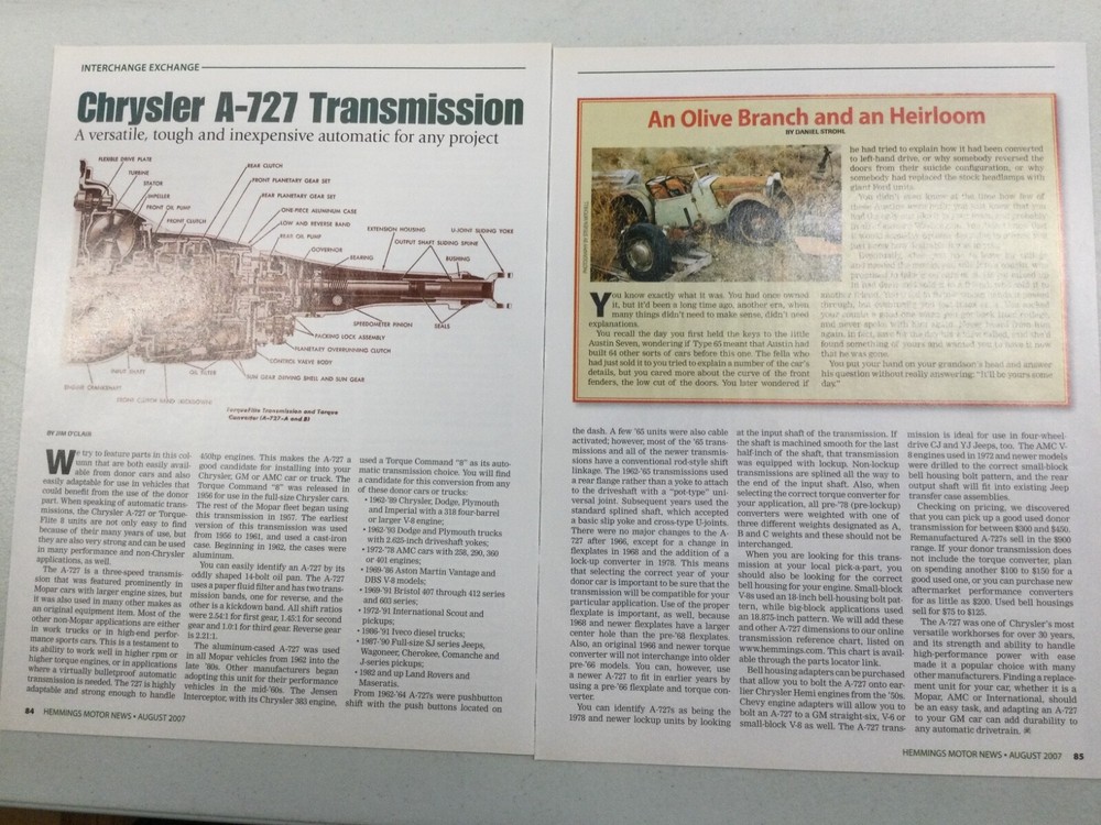 HMN 1274 Article Interchange Exchange Chrysler A-727 Transmission August 2007 2p