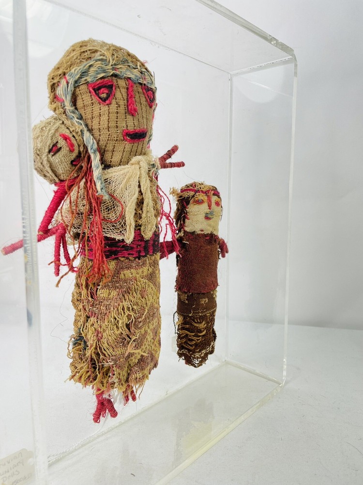 Peruvian Chancay Burial Dolls Funiary Brocade Pink Mounted Plexiglass Box Two