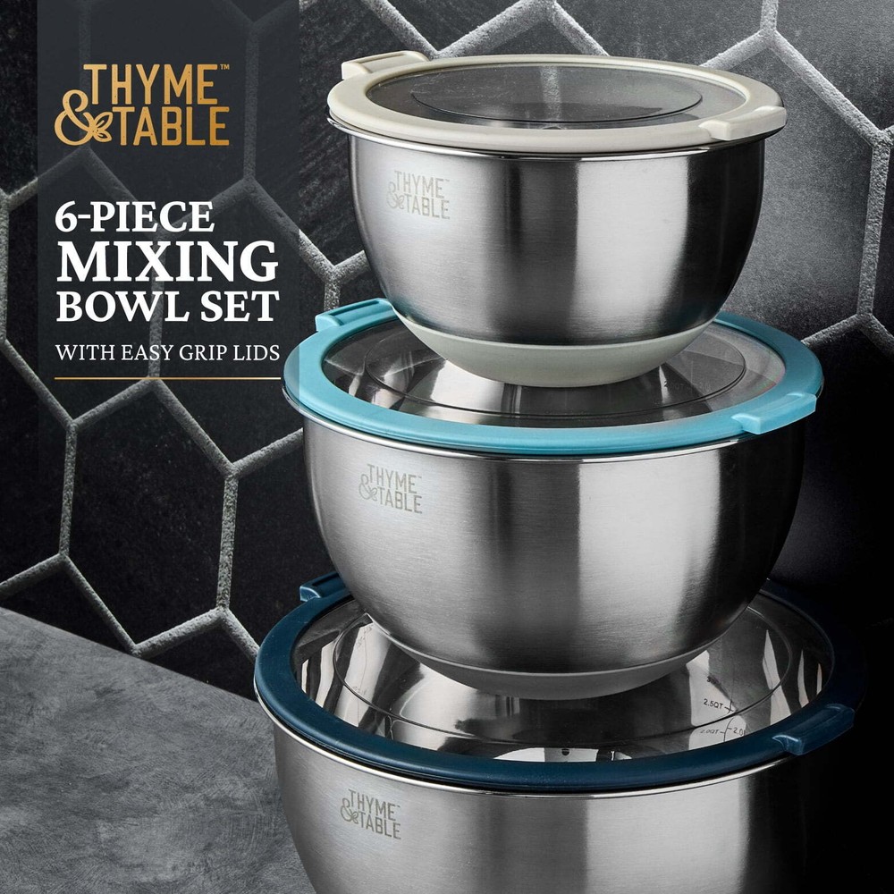 Thyme & Table 6-Piece Nesting Mixing Bowl Set with Easy Grip Transparent Lids