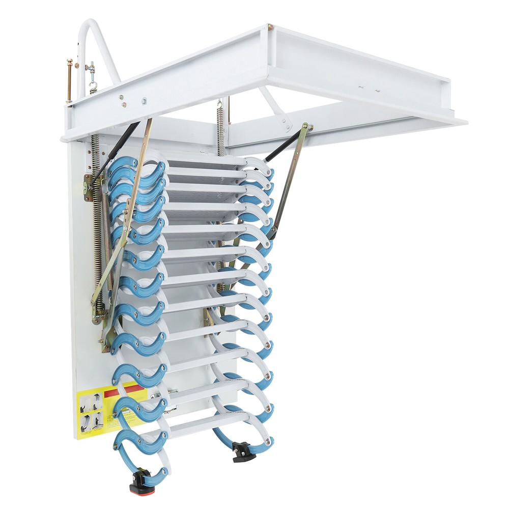 12 Steps Attic Ladder Pull Down Attic Stairs Folding Ladder Ceiling Mounted 10ft