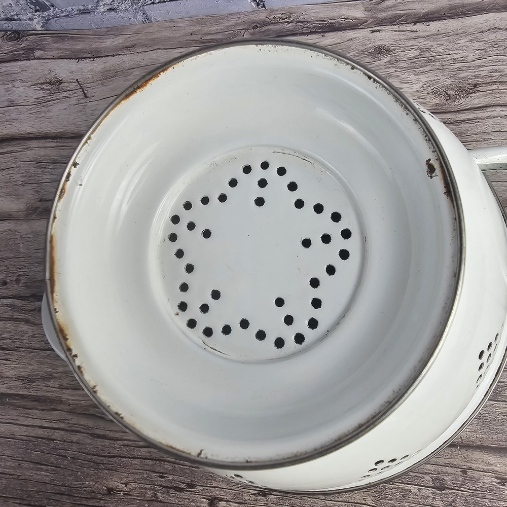 White Enamel Colander 10" Metal Strainer Silver Trim