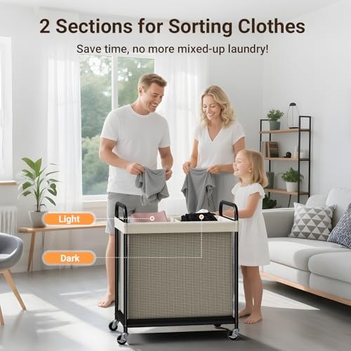 Laundry Hamper 2 Section, 100L Rolling Laundry Sorter with 2-Section Beige