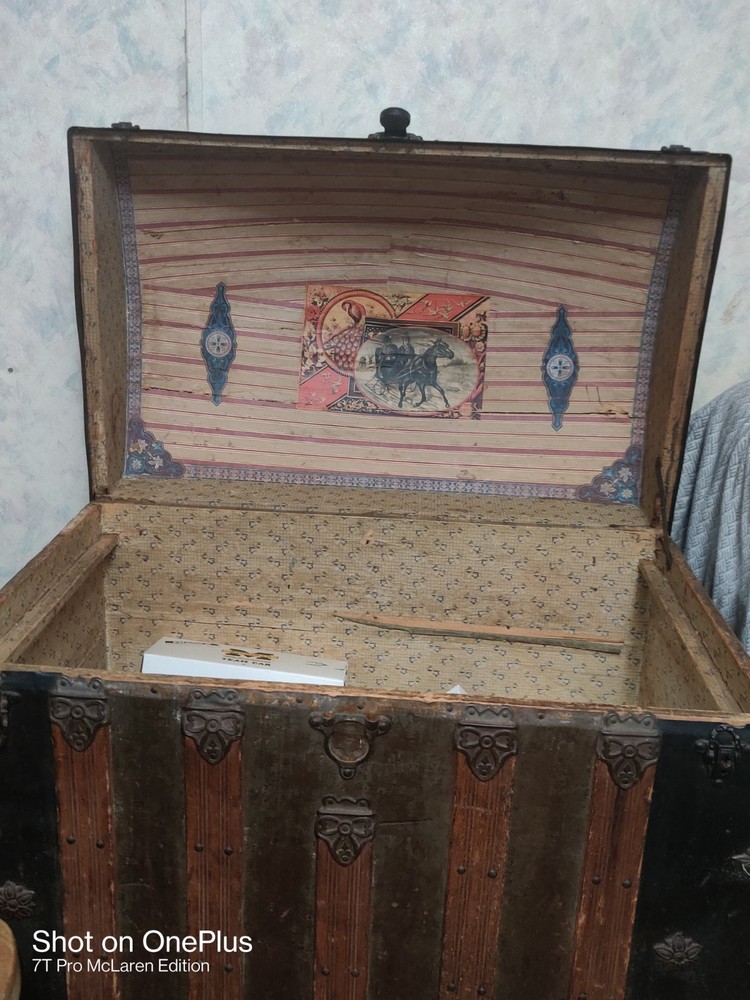 Antique Barrel-Top Trunk Embossed Metal & Wood Brown Black Rectangular Original