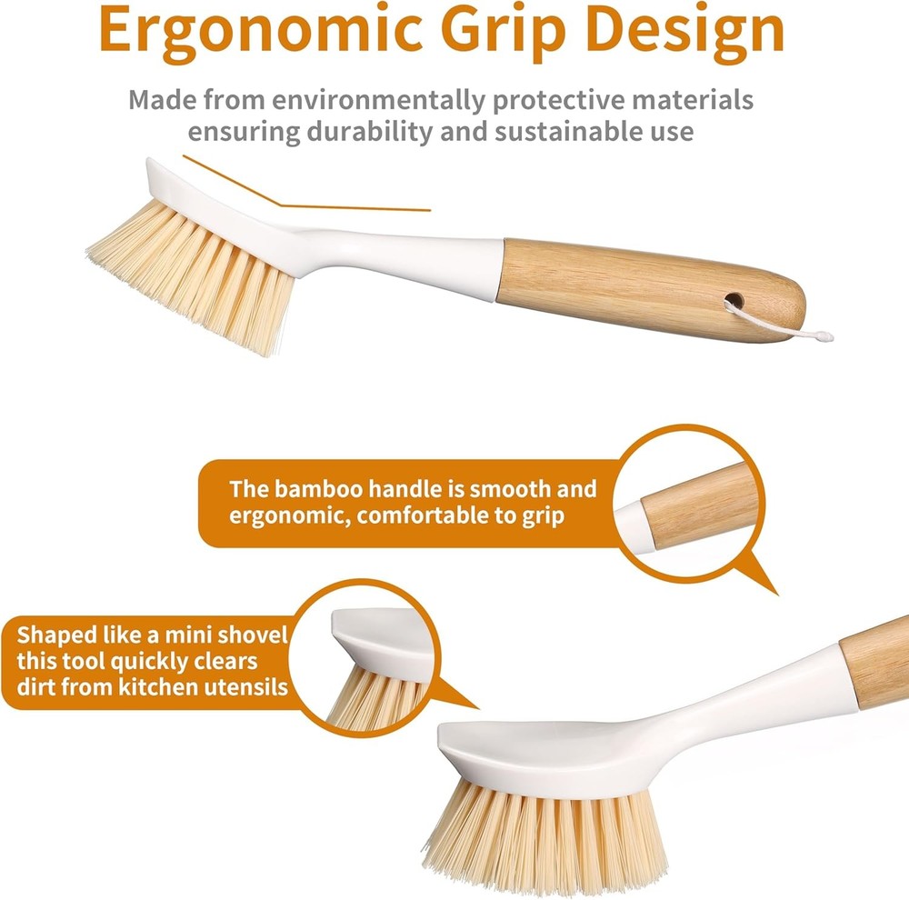 2 Pack Kitchen Dish Brush Bamboo Handle Dish Scrubber Built-in Scraper, Scrub
