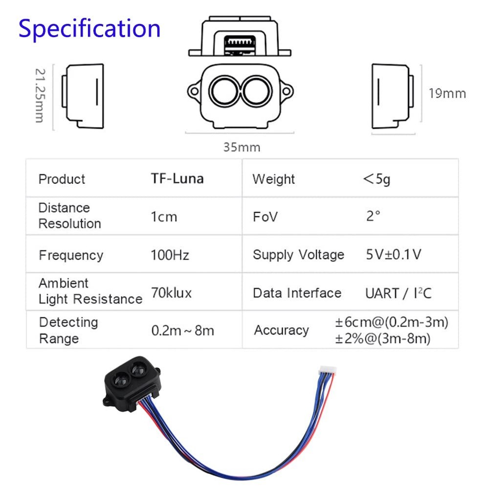 TF-Luna LiDAR Range Finder Sensor 0.2m-8m Single-Point Ranging Module UART/I2...