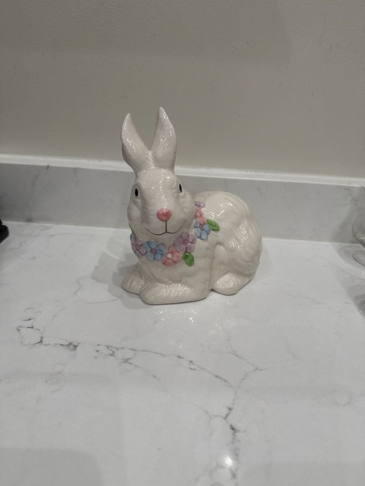 Vintage White Ceramic Floral Easter Bunny