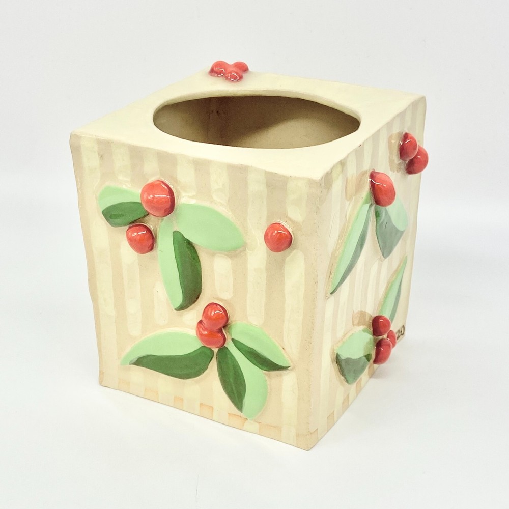 Studio Art Pottery Ceramic Tissue Box Cover Square Leaves Berries Maximalist