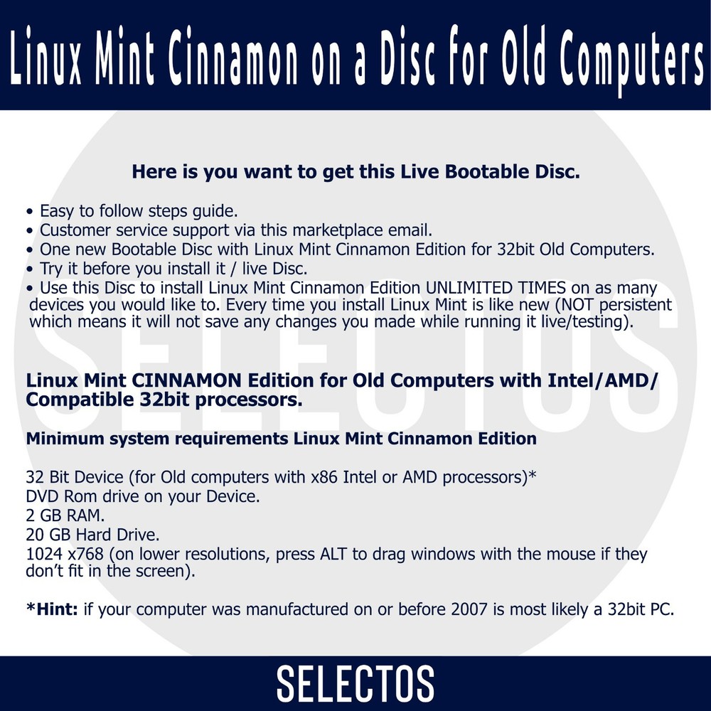 Linux Mint 19.3 Tricia Cinnamon OS Live CD Bootable DISC for Old 32bit Computers