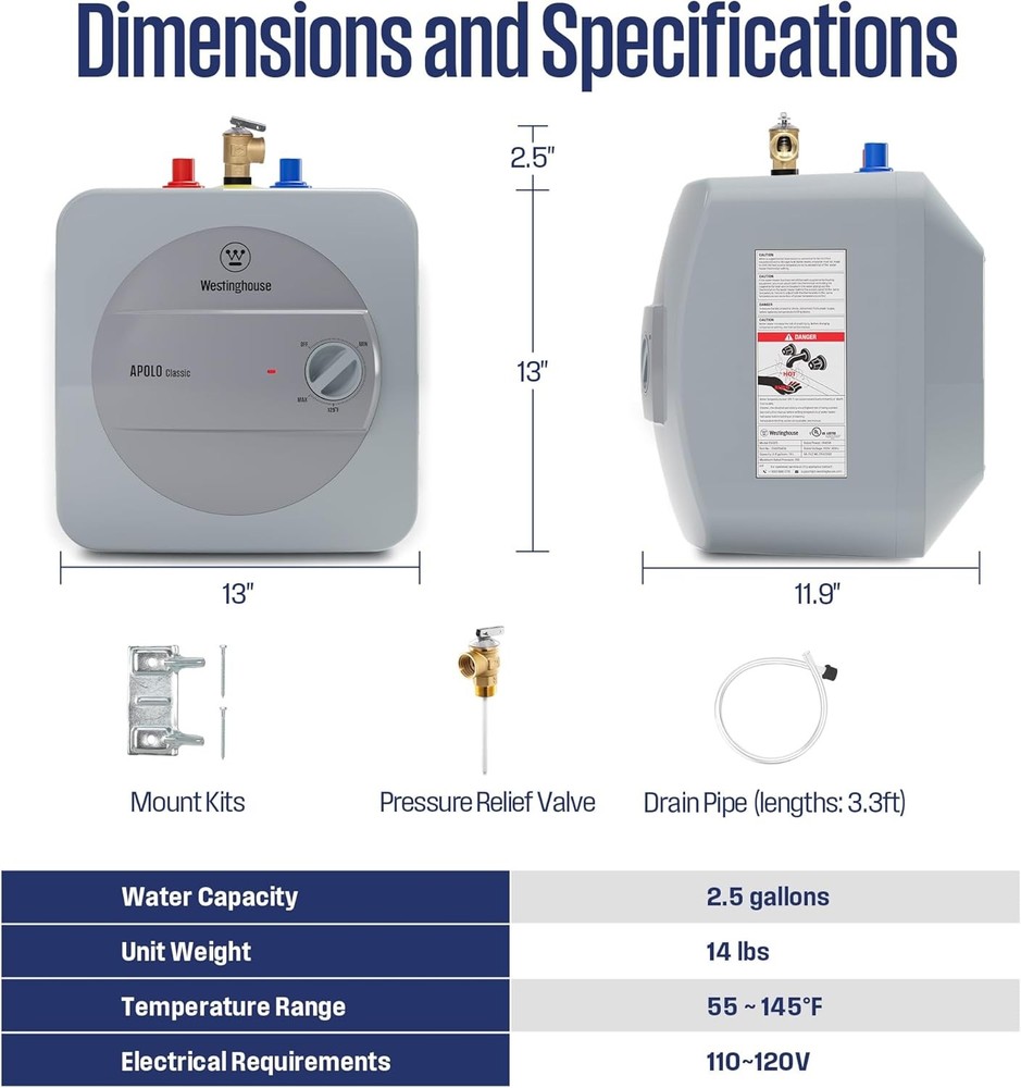 2.5 Gallon Electric Mini-tank Water Heater 1440W Wall or Floor Mounted - USED