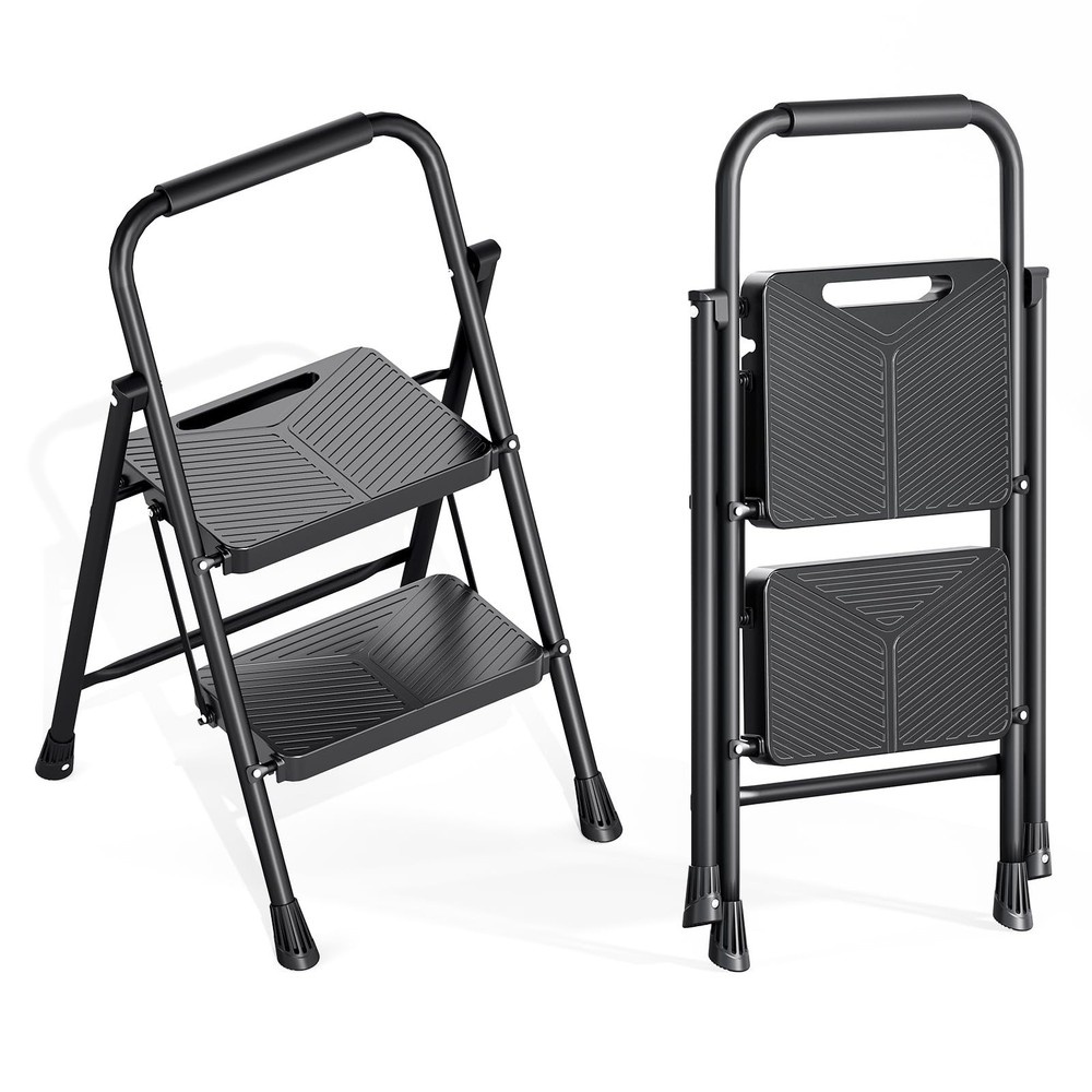 KINGRACK 2 Step Ladder, Folding Step Stool with Handrail, Safe-Lock Design an...