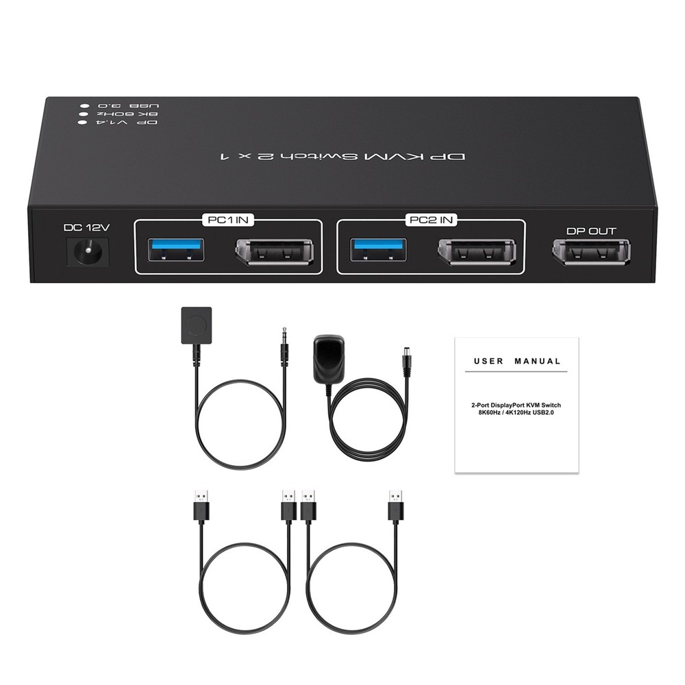 2x1 DP KVM Switch With USB Cable DC12V Power Adapter & External Switch Kit