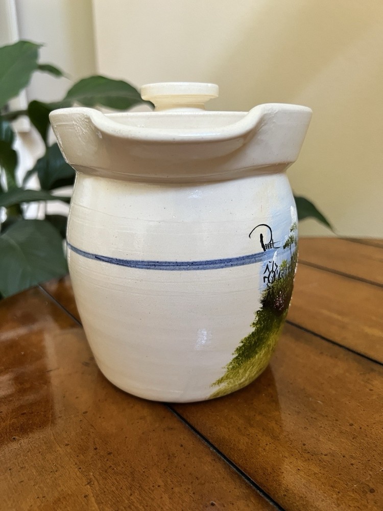 Vintage Hand-painted Farm Barn Scene on Ceramic Handled Pitcher Signed
