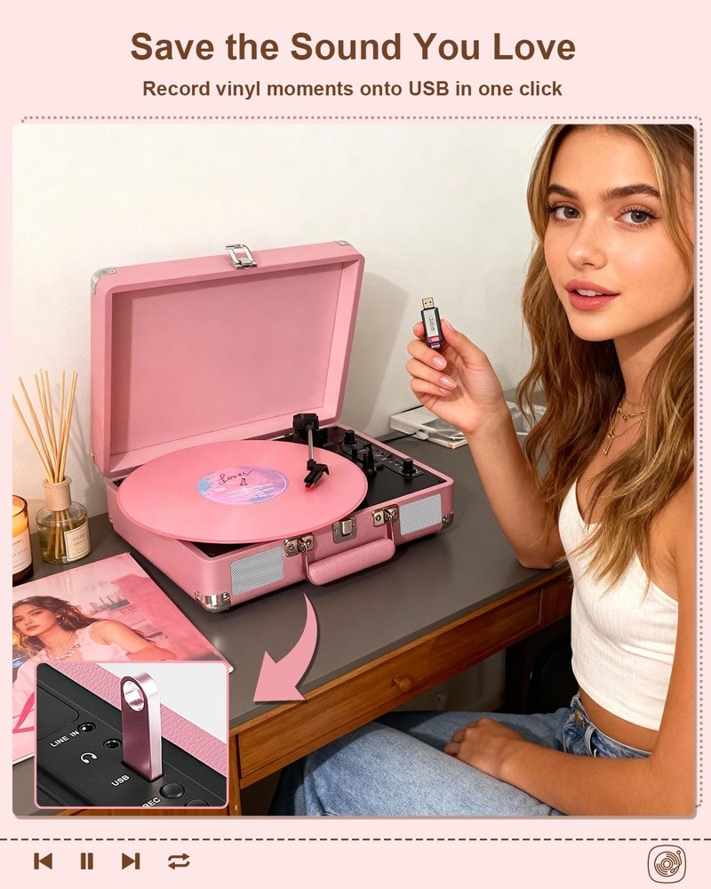 Vinyl Record Player Bluetooth 3-Speed Portable Suitcase Turntable with Built-...