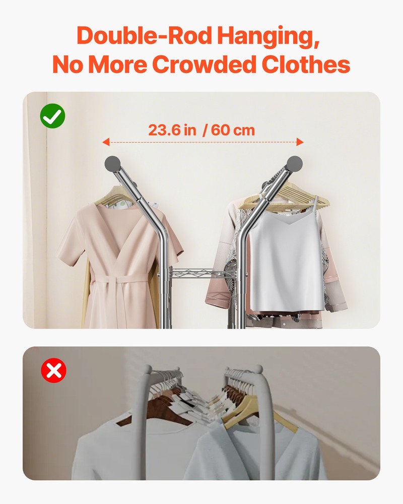 VEVOR Rolling Clothes Rack 2 Hanging Rods & 2 Storage Shelves Adjustable Height