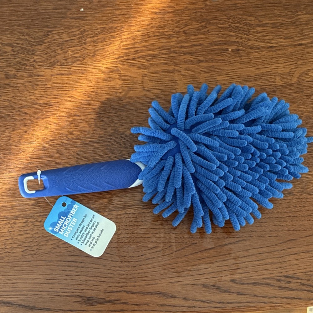 Microfiber Duster Small Blue White Plastic Handle Cleaning Tool