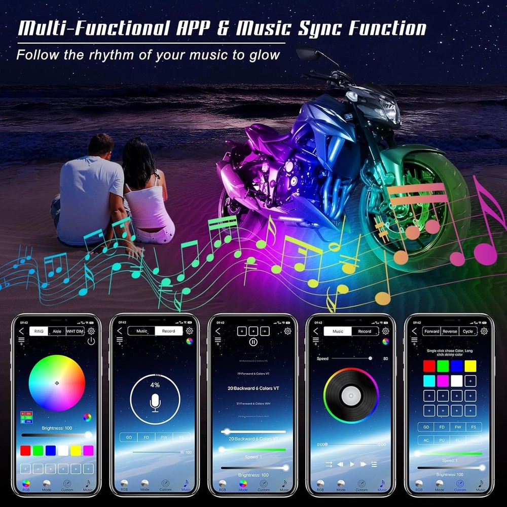 Sxlofty 4 Pcs Motorcycle LED Light Kits, App Control 4 Multicolor