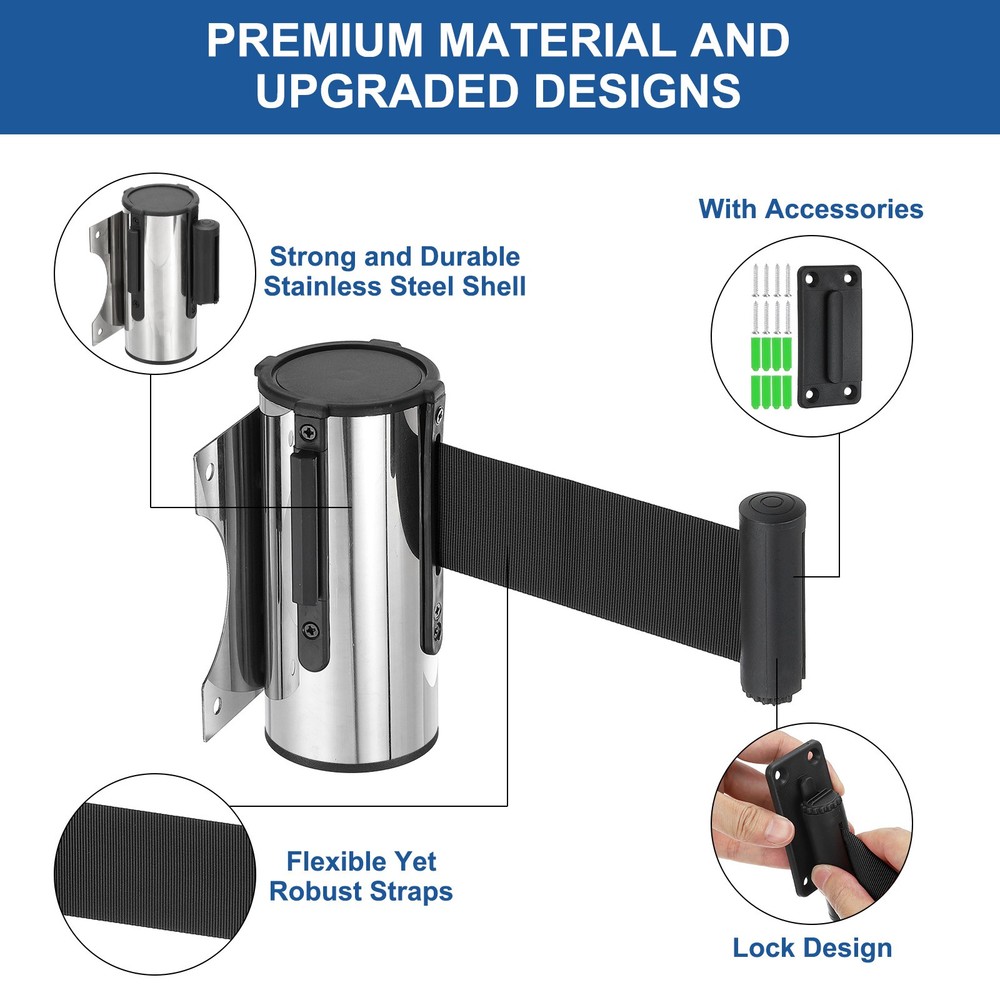 4 Pcs 9.84 ft Fixed Wall Mount Retractable Belt Barrier Silver/Black