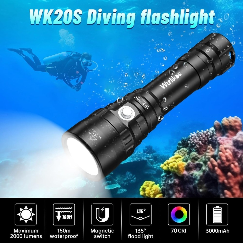 WK20S Scuba Diving Flashlight,2000 Lumen Dive Flashlight 363M Long Range SST40