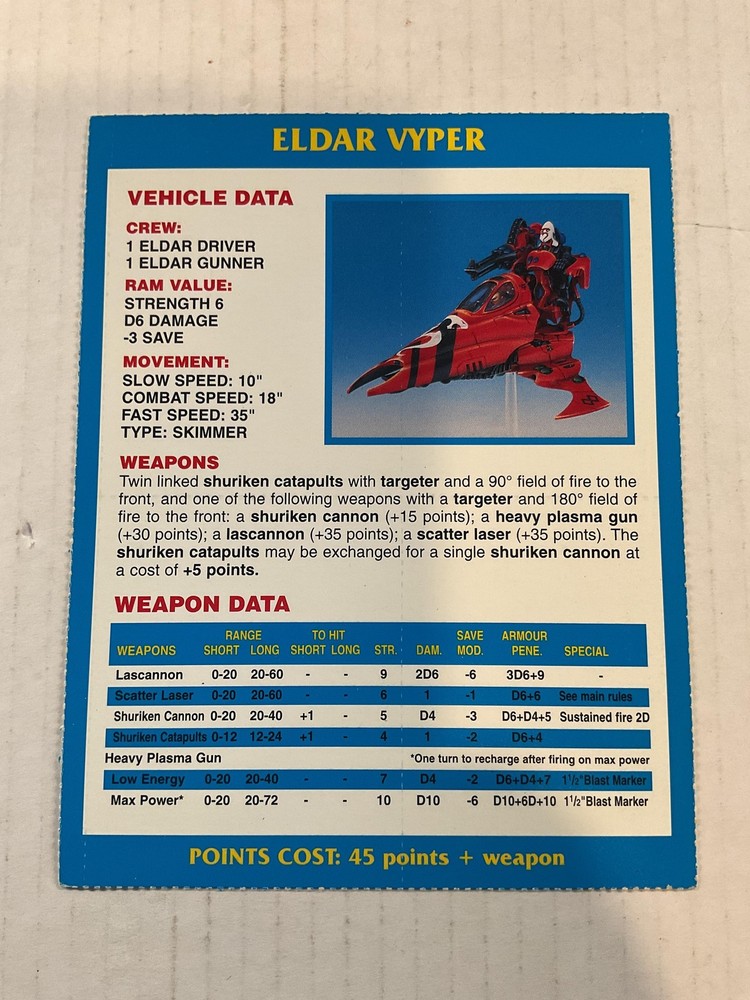 Games Workshop Eldar Vyper Vehicle Data Card Warhammer 40K Accessory Sheet