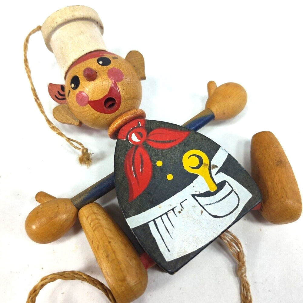 Vintage 1963 Gregor Creations Chef Wooden Pull String Toy