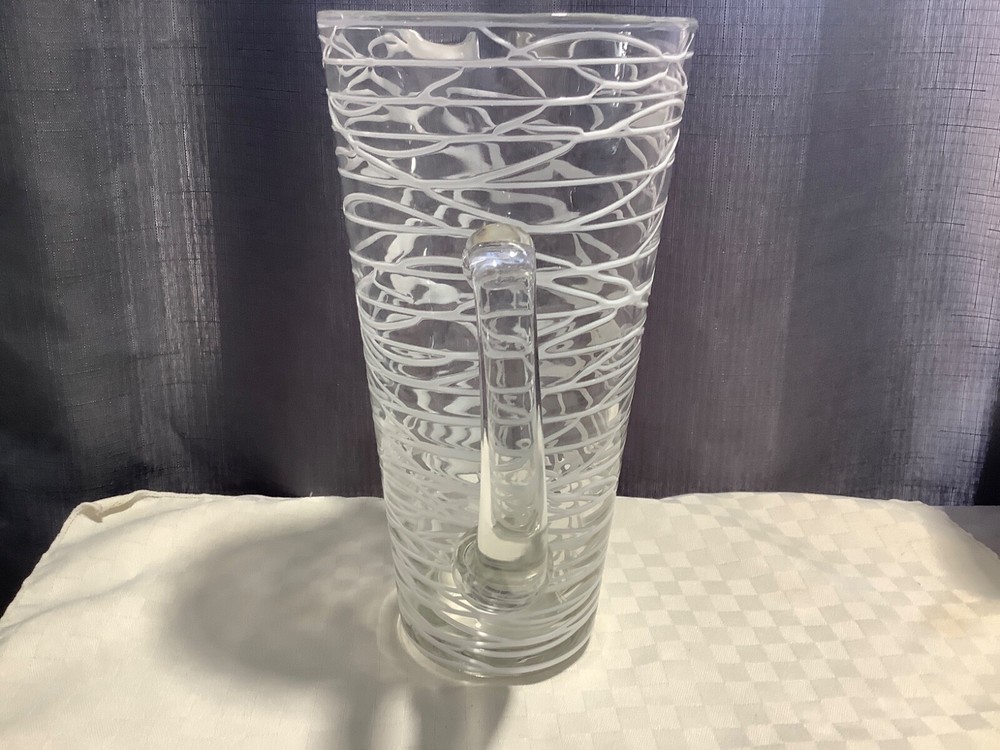 Clear Glass 10” Pitcher Raised White Drizzle Glaze Applied Handle