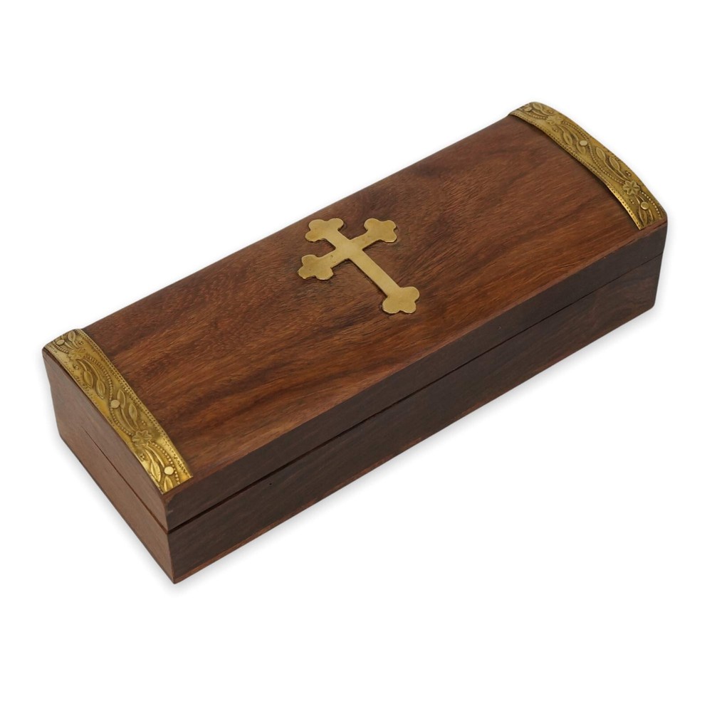 Wooden Box -Decorative Rectangular with Brass Orthodox Cross and Hinged Lid -NEW