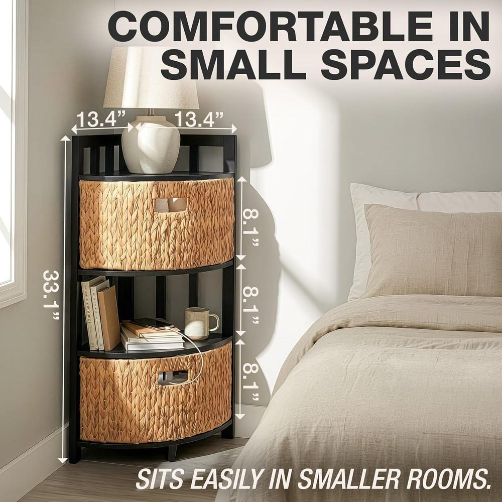 3-Tier Corner Storage Cabinet with Water Hyacinth Baskets – Solid Wood Frame, Fu