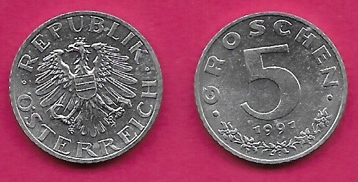 AUSTRIA 5 GROSCHEN 1991 UNC IMPERIAL EAGLE WITH AUSTRIAN SHIELD ON BREAST,HO