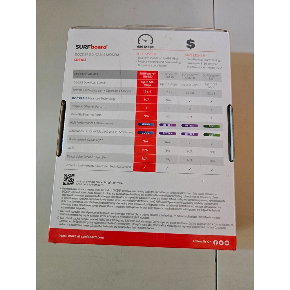 Arris Surfboard SB6183 Docsis 3.0 Cable Modem Open Box