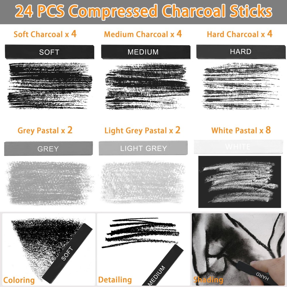 24 Pcs Compressed Charcoal Sticks with Soft, Medium, Hard and White Charcoal,...