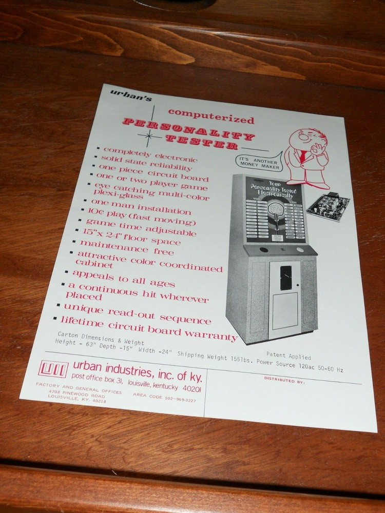 PERSONALITY TESTER Computerized By URBAN Arcade Flyer/Brochure/Advertisement