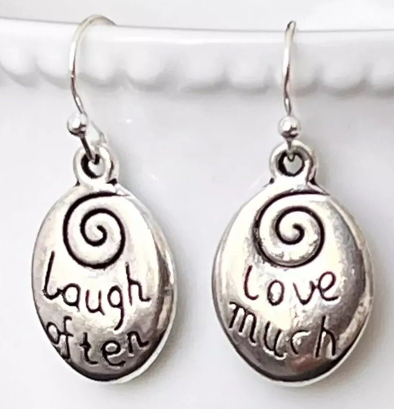 Silver Dangle Earrings. Love Much and Laugh Often. Reversible.