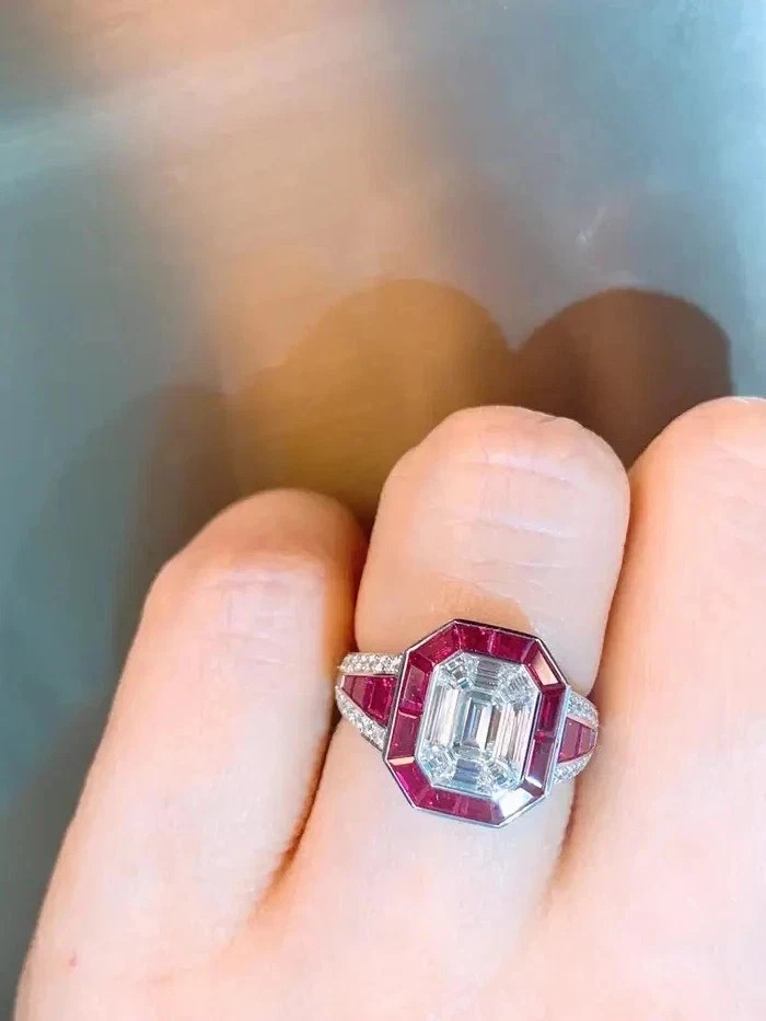 Art Deco Style Lab Created Diamond & Ruby 14K White Gold Finish Engagement Ring