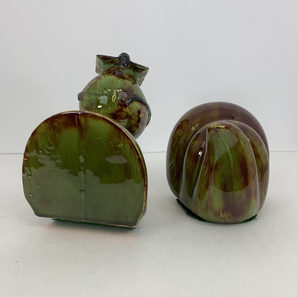 Vintage Mid Century Bookends Bookworm Green Brown Ceramic Boho