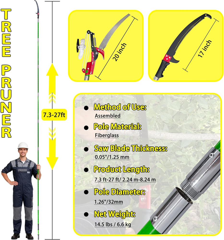 Versatile 7.3-27 Ft Extendable Manual Pole Saw for Effortless Pruning
