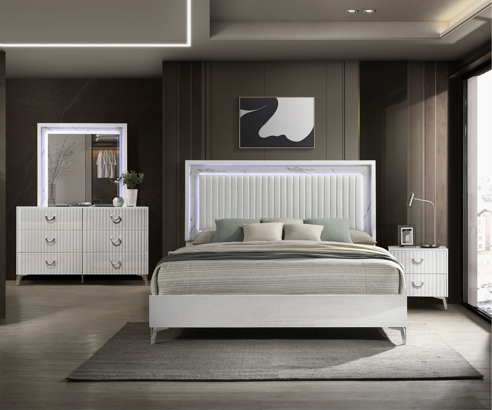 4pc Modern LED Light Upholstered Headboard Queen Bed Bedroom Set White