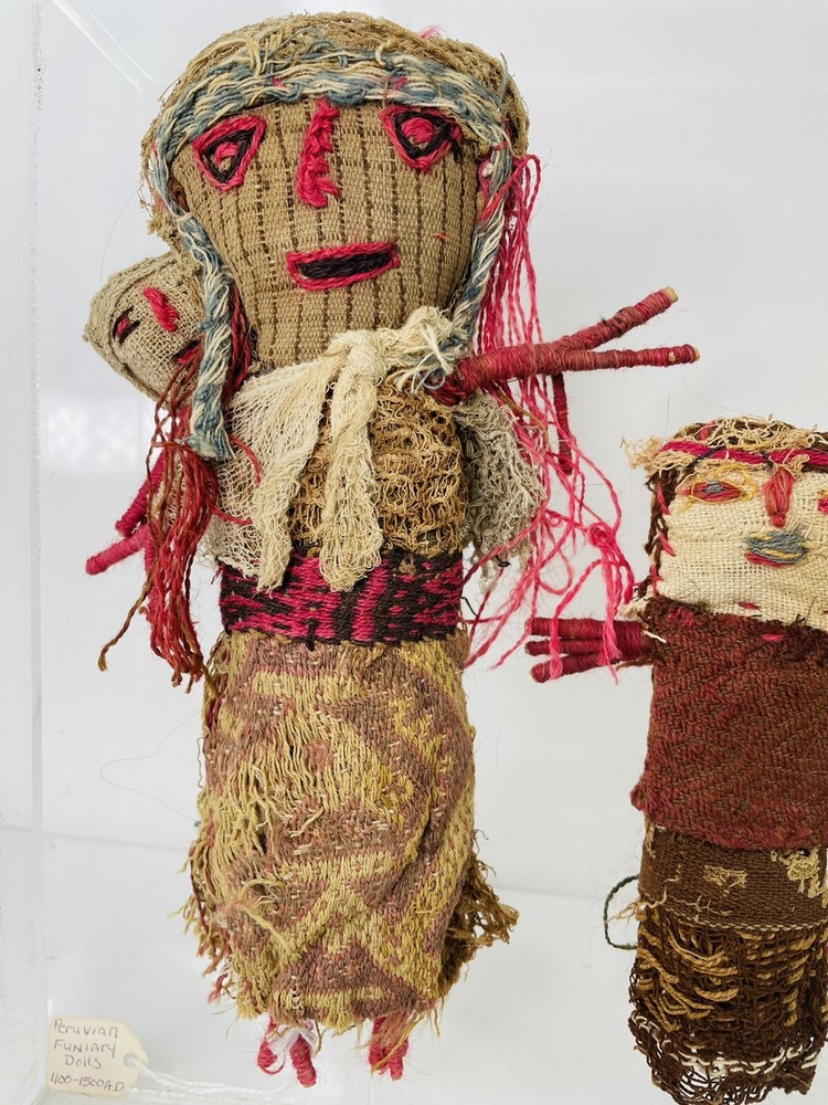 Peruvian Chancay Burial Dolls Funiary Brocade Pink Mounted Plexiglass Box Two