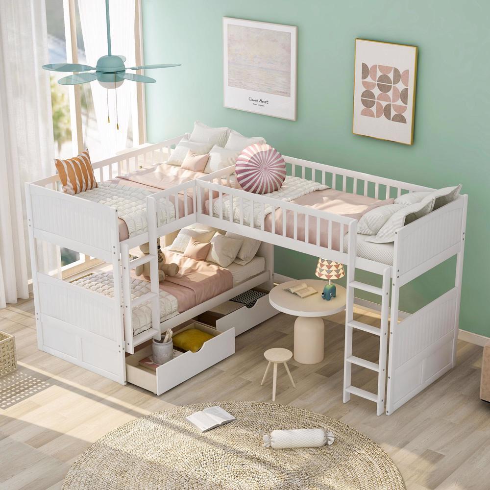 Bunk Bed With Loft Bed Home Bed Frame With Ladder Storage Twin Size White