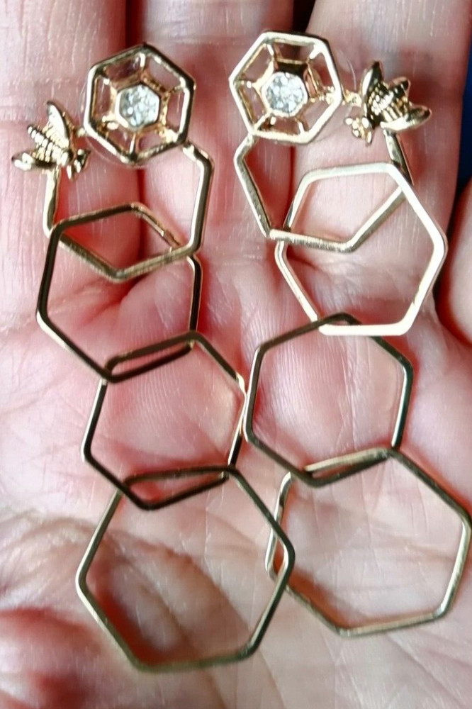 Bee Dangle Earrings 3" long Pieced Rhinestone Gold Tone