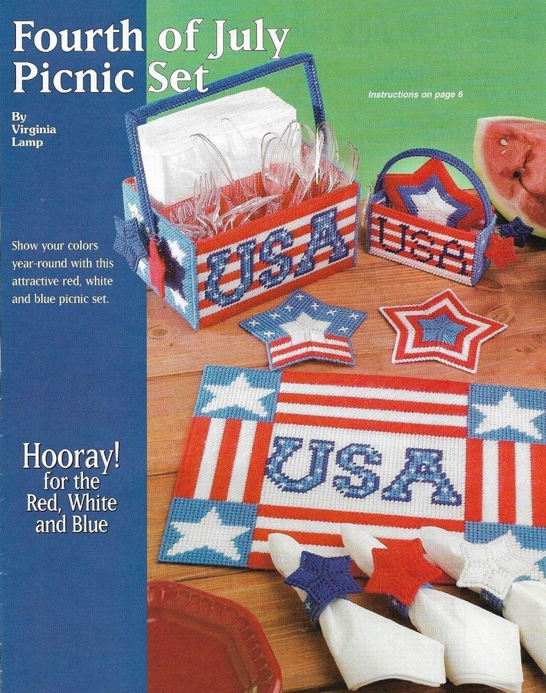 FOURTH OF JULY PICNIC SET STAR COASTERS PLASTIC CANVAS PATTERN INSTRUCTIONS