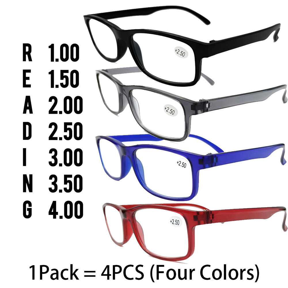 4 Pack Reading Glasses Readers Men Women Square Frame Spring Hinge