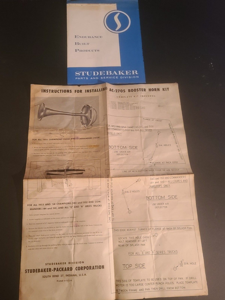 Studebaker Packard Corp 20 X 28" Wall Chart Instructions for Booster Horn Kit