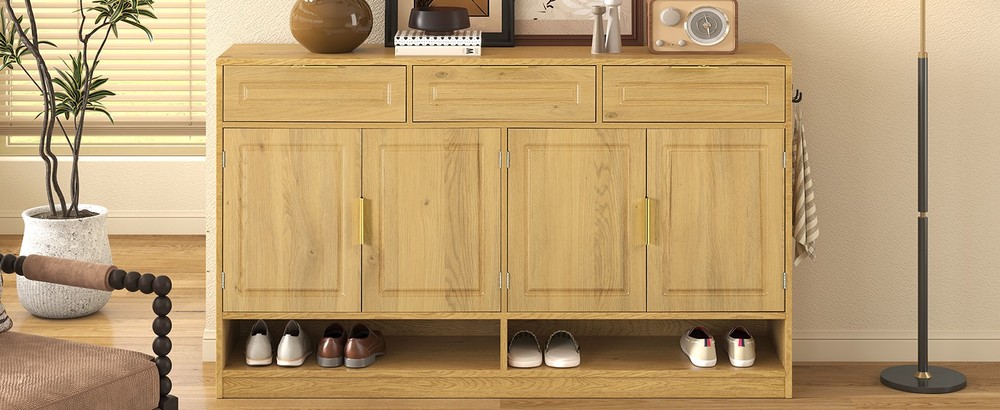 U-Style Farmhouse Sideboard with 3 Drawers & 4 Doors,59.1" Multi-Functional St