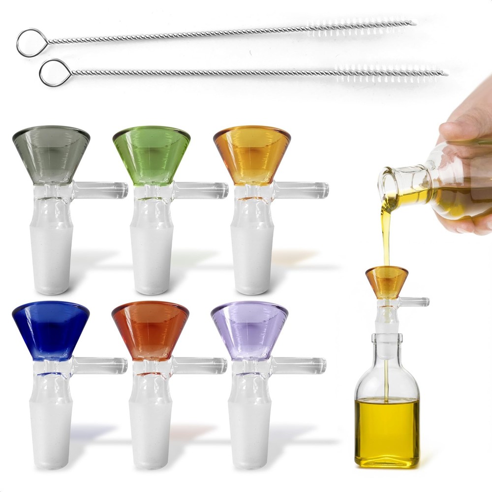 6-Pack 14mm Glass Funnel with Handle – Colored Tops, Ergonomic Handle for Kit...